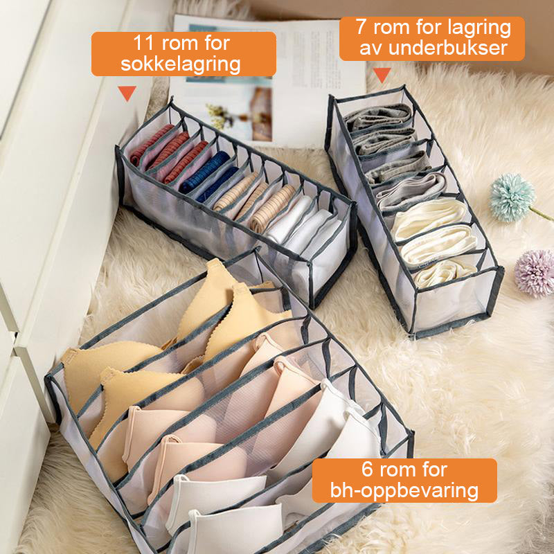 "Praktisk undertøysoppbevaringsboks i slitesterk nylon, elegant design med rom for BH-er, underbukser og sokker."