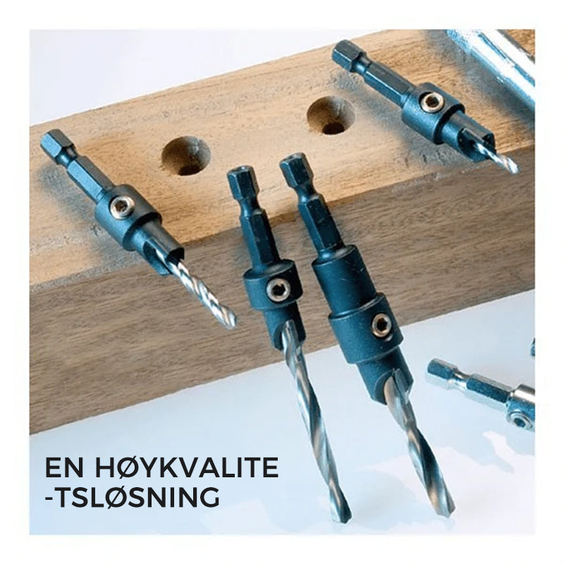 "Premium HSS forsenkningsbor-sett i metallisk finish med ulike borstørrelser, ideelt for presisjonsboring."