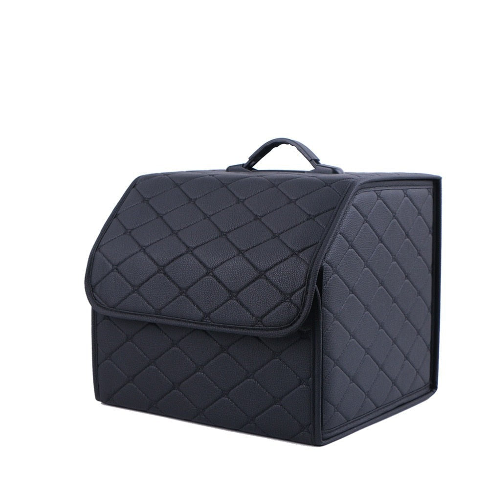 Premium sammenleggbar bilorganizer i svart PU-skinn, perfekt for ryddig bagasjeromsoppbevaring.