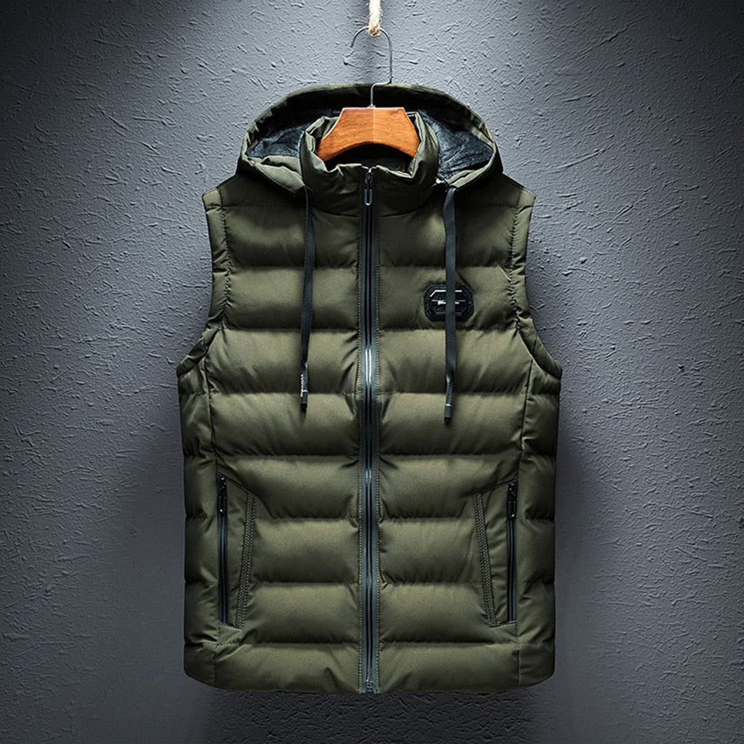 "Premium unisex vattert vest med avtagbar hette i armégrønn, ideell for høst, gir stil og komfort."