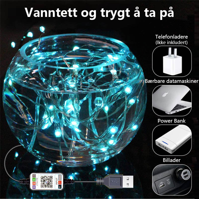 "Programmerbar smart LED jule-lyslenke, fargerike lys, app-styrt, utendørs belysning, IP44 værbestandig."