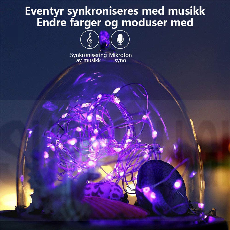"Programmerbar smart LED jule-lyslenke, fargerike lys, app-styrt, utendørs belysning, IP44 værbestandig."