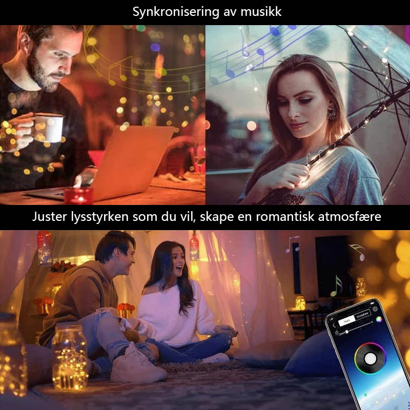 "Programmerbar smart LED jule-lyslenke, fargerike lys, app-styrt, utendørs belysning, IP44 værbestandig."