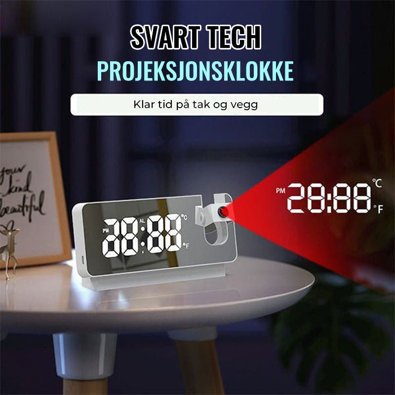 Projeksjonsklokke i elegant svart og hvitt design, viser tid på vegg/tak, med justerbar projektor og lysstyrke.