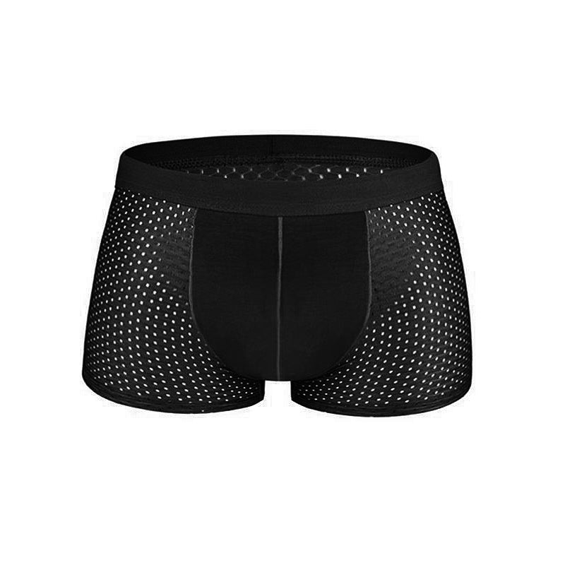 "Pustende issilke boksershorts med kjølende effekt, elegant design og bikakestruktur for optimal ventilasjon og komfort."
