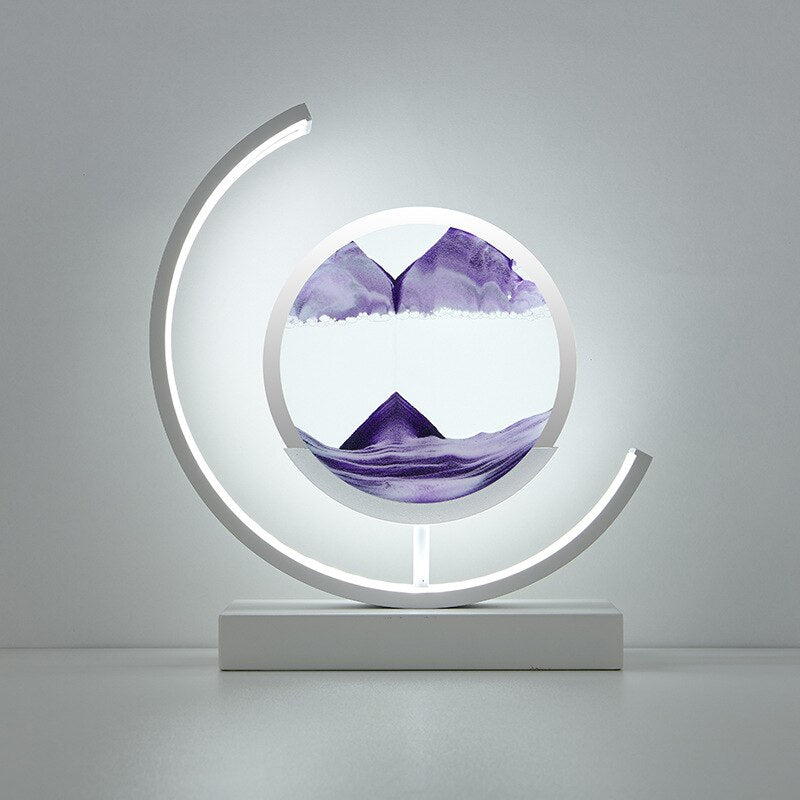 "Quicksand bordlampe med 3D-sandmaleri, elegant design i svart med dynamisk sandbevegelse, avslappende atmosfære."