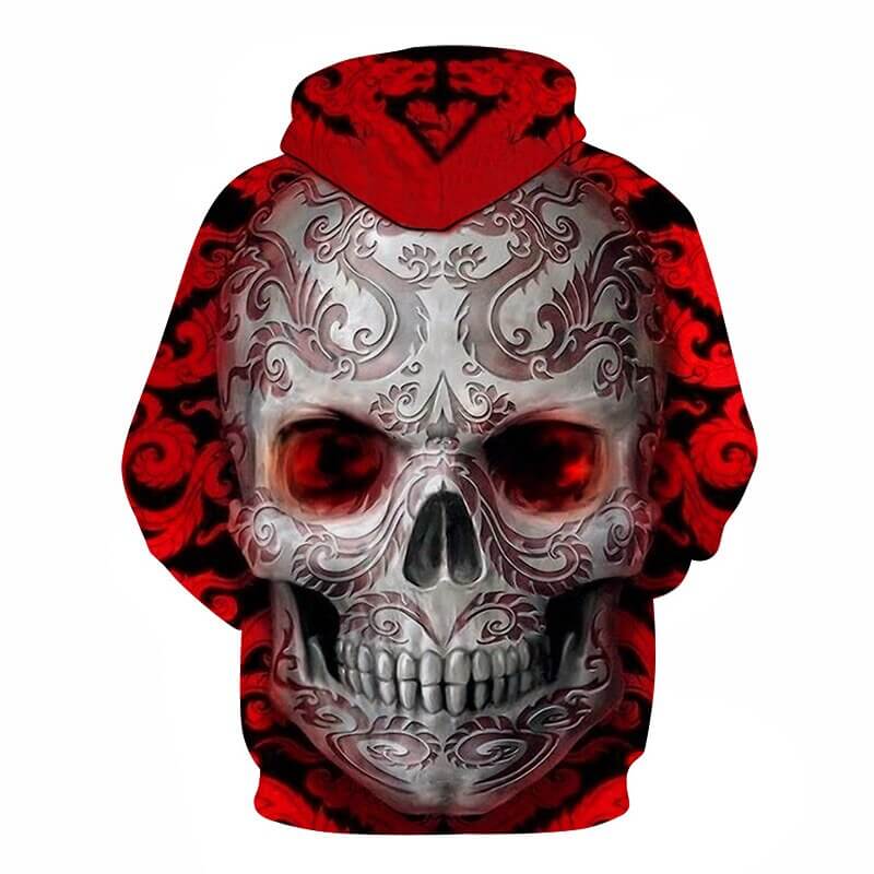 Trendy rød hodeskalle-hettegenser for menn. Ideell for hverdag, streetwear-look eller som gaveidé.