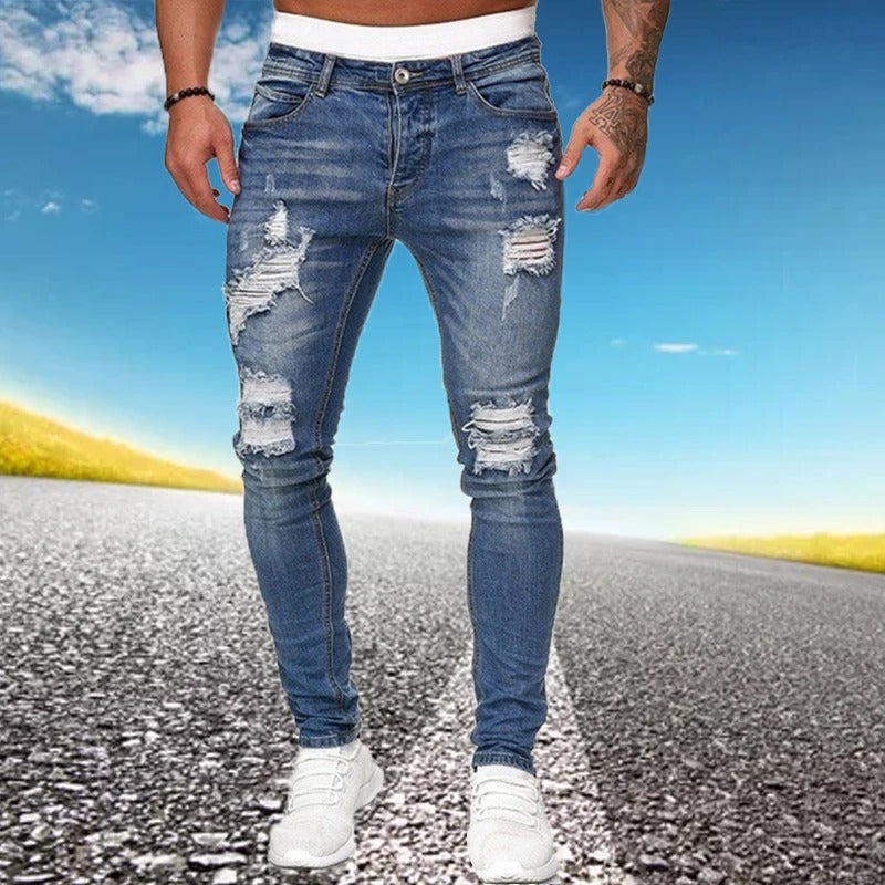 Råde skinny fit jeans i denim for menn, med rifter for en moderne og komfortabel stil.