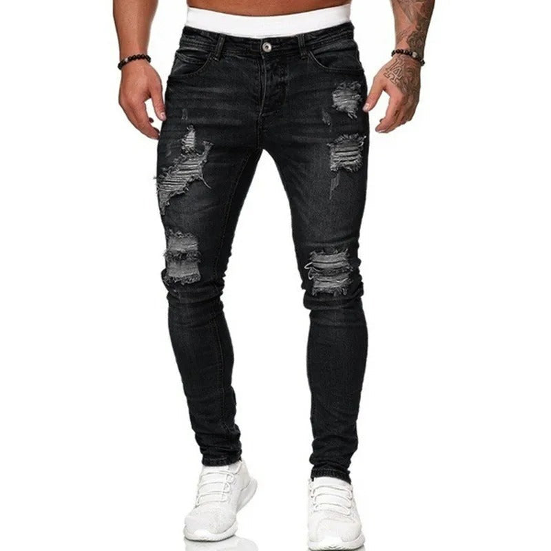 Menns RĂĄde skinny jeans i denim med trendy rifter, sikrer komfort og allsidighet.