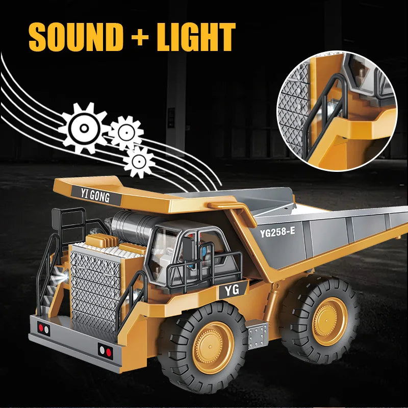 "Radiostyrt 4x4 lastebil fra MegaMover i robust materiale for barn, med realistiske lys og lyder, perfekt for byggere."