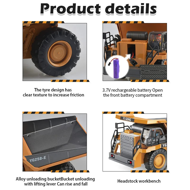 "Radiostyrt 4x4 lastebil fra MegaMover i robust materiale for barn, med realistiske lys og lyder, perfekt for byggere."
