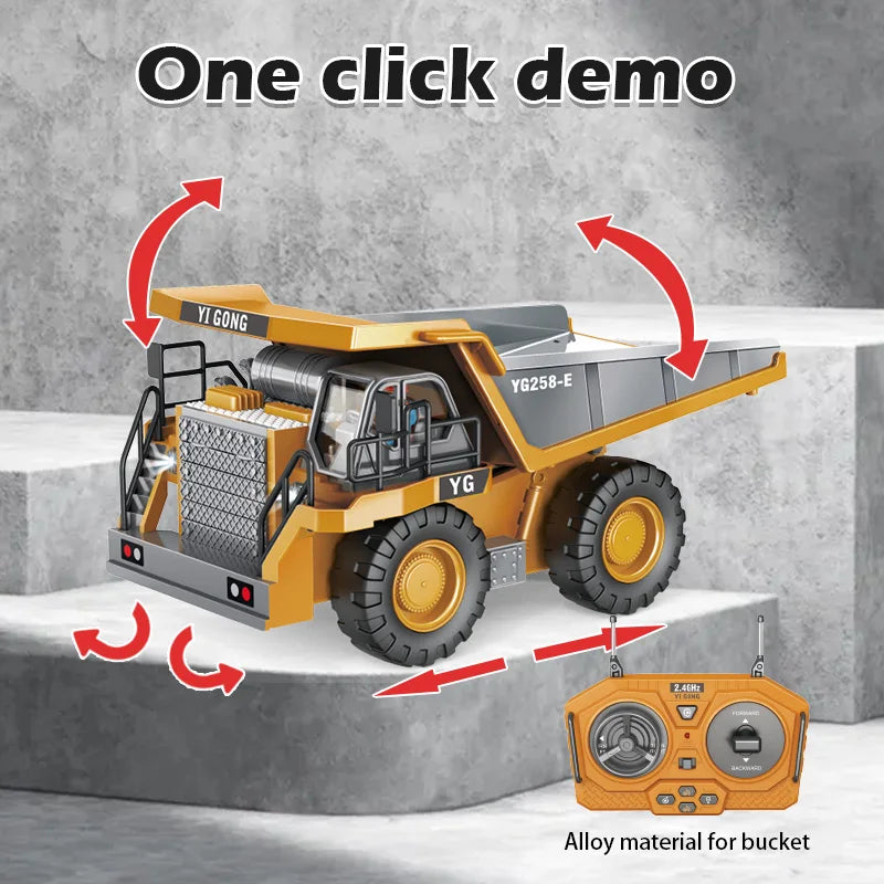 "Radiostyrt 4x4 lastebil fra MegaMover i robust materiale for barn, med realistiske lys og lyder, perfekt for byggere."