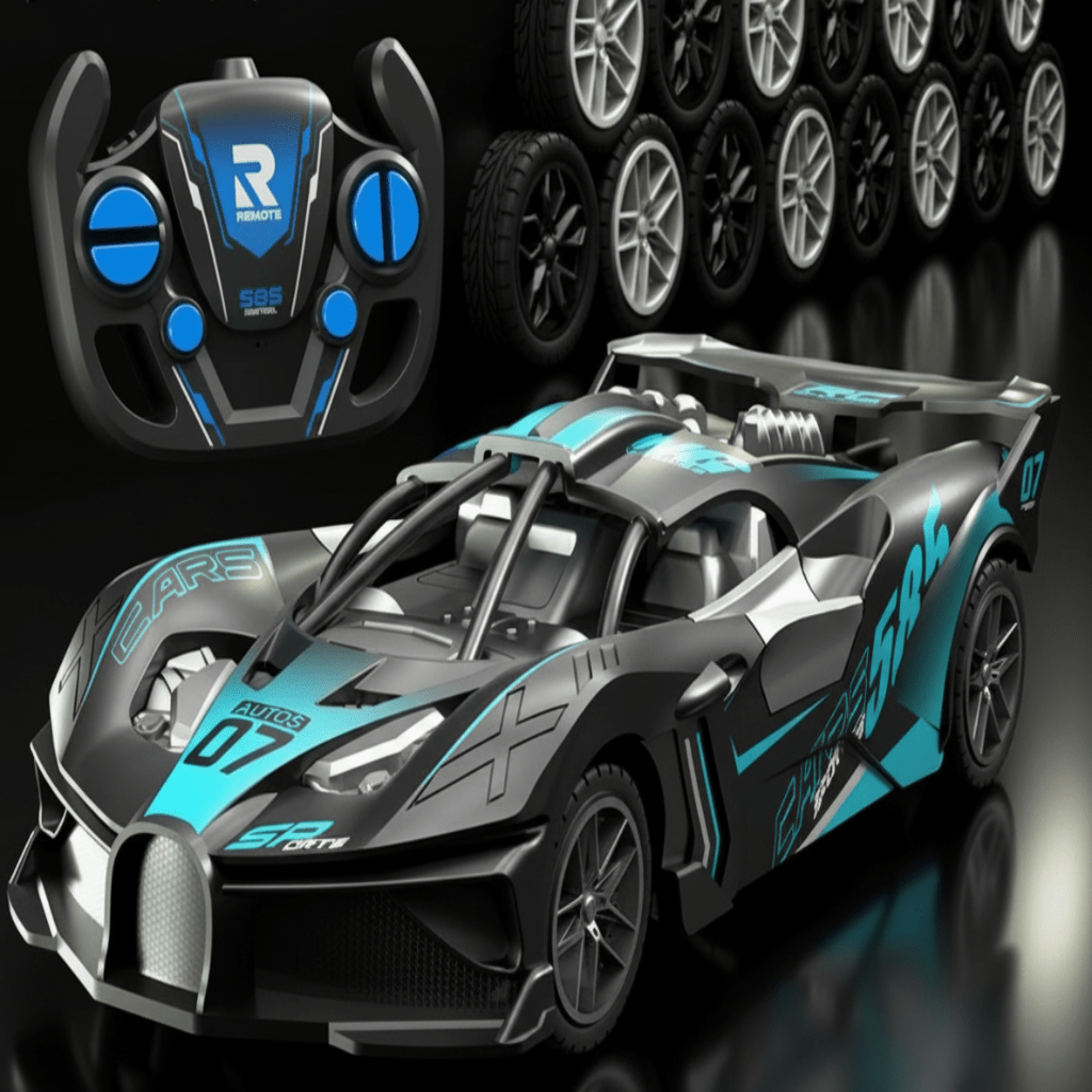 Detaljert bilde av bilens understell, viser robust konstruksjon av RC driftbil for barn