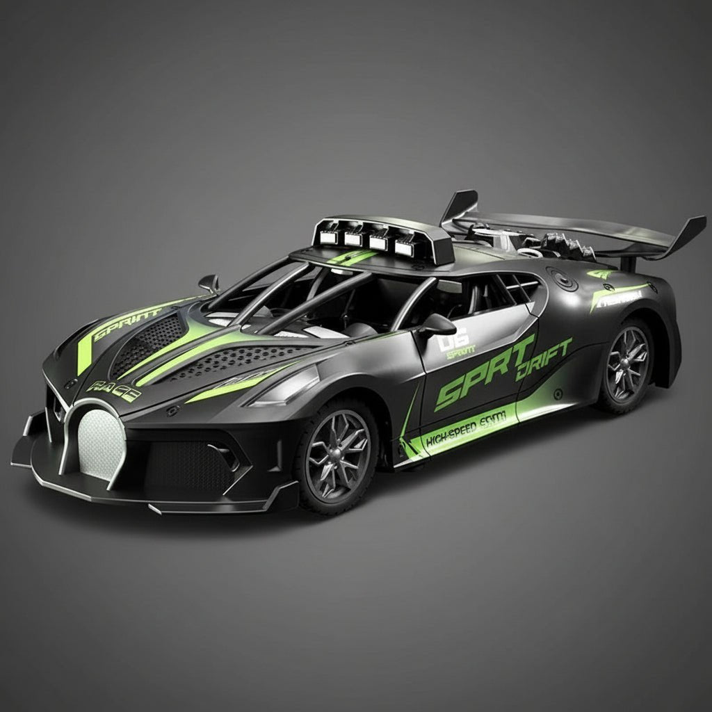 Barn samlet rundt RC driftbil, fascinerte av fjernstyrt billerke, innendørslek