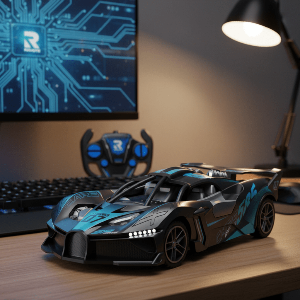 Nærbilde av detaljer på robust RC driftbil for barn, fjernstyrt elektrisk racerbil