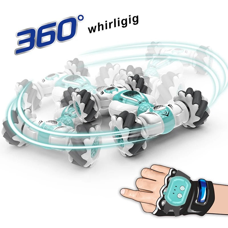 RC stuntbil med innovativ håndkontroll, fargerik design, robust ABS-materiale. Perfekt for akrobatiske manøvre, opptil 30 km/