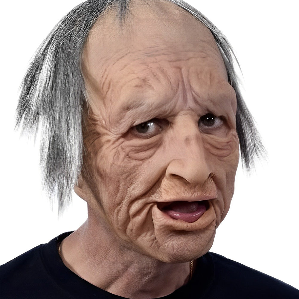 "Realistisk Halloween-maskehode, eldre mann med grått hår og detaljerte ansiktstrekk, kostyme tilbehør."