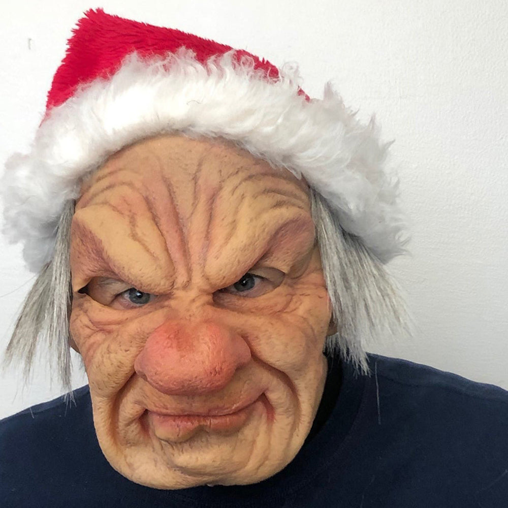 "Realistisk Halloween-maskehode, eldre mann med grått hår og detaljerte ansiktstrekk, kostyme tilbehør."