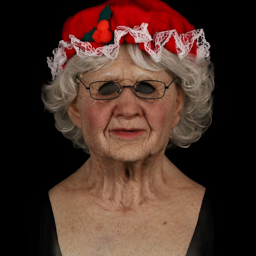 "Realistisk Halloween-maskehode, eldre mann med grått hår og detaljerte ansiktstrekk, kostyme tilbehør."