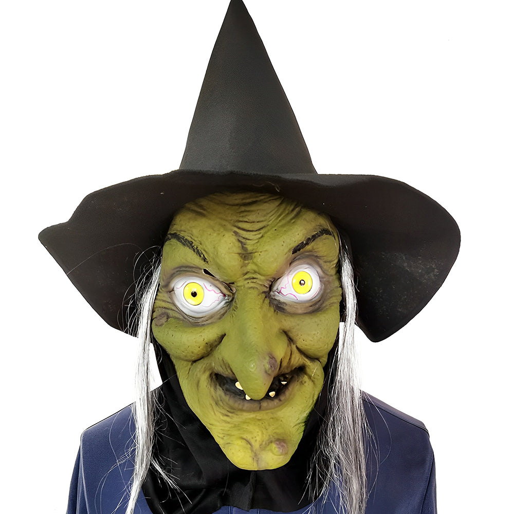 "Realistisk Halloween-maskehode, eldre mann med grått hår og detaljerte ansiktstrekk, kostyme tilbehør."