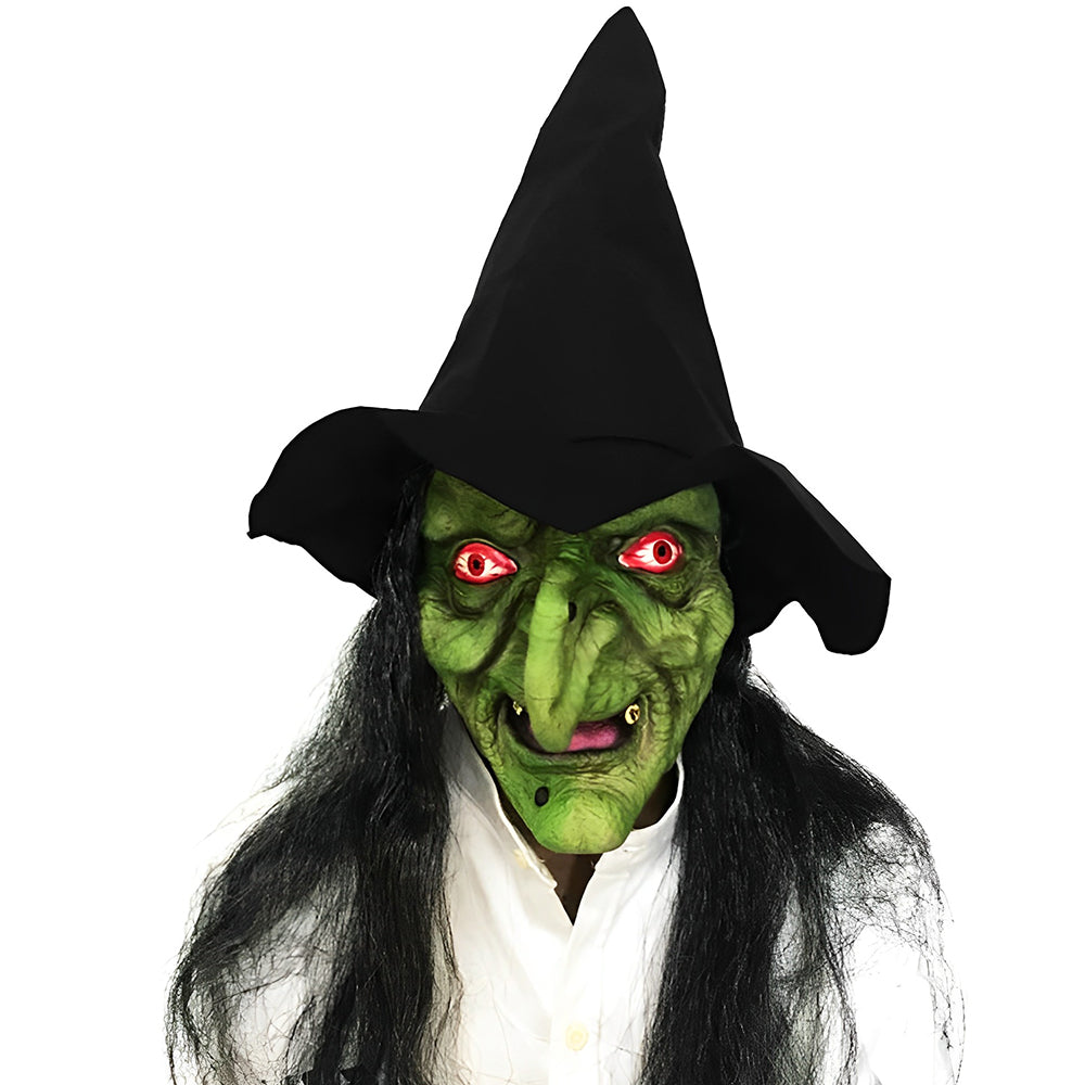 "Realistisk Halloween-maskehode, eldre mann med grått hår og detaljerte ansiktstrekk, kostyme tilbehør."