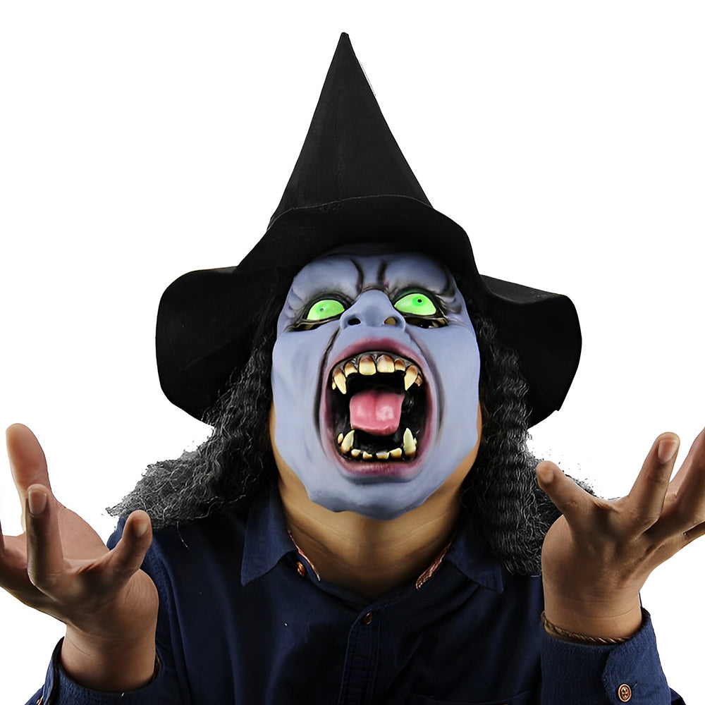 "Realistisk Halloween-maskehode, eldre mann med grått hår og detaljerte ansiktstrekk, kostyme tilbehør."