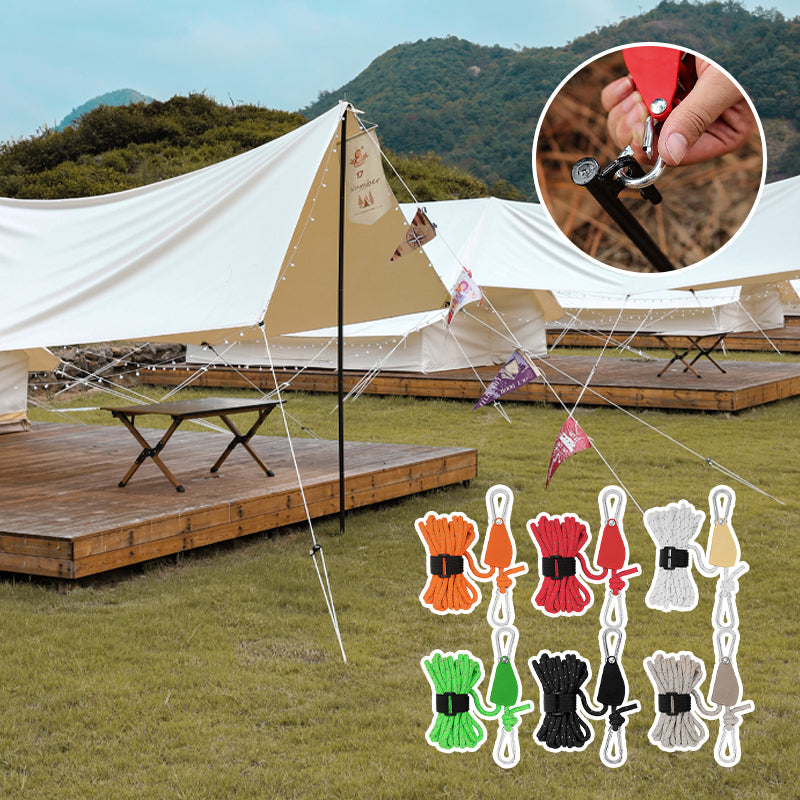"Reflekterende justerbart campingtau i slitesterkt nylon og polyester, ideelt for alle værforhold og campingbehov."