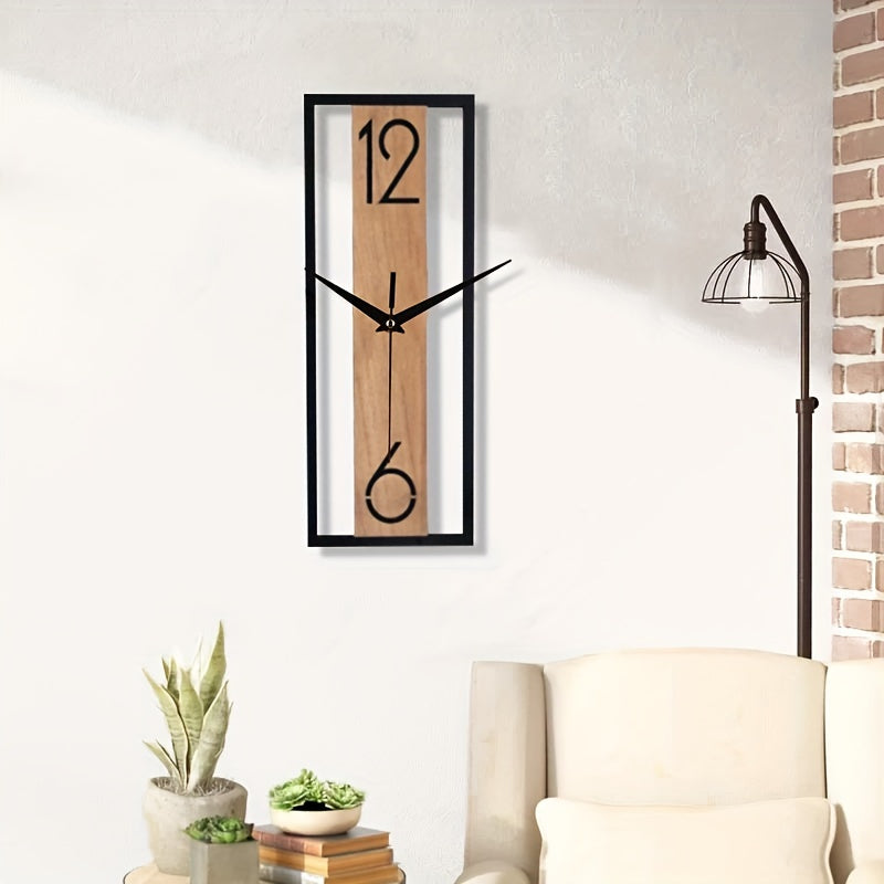Hjeminnredning: rektangulær veggklokke i trelook. Brun, elegant design med stille urverk.