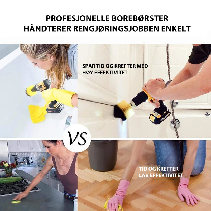 "Rengjøringsbørstesett med 3 former: 2'' rund, 3,5'' hjørne, 4'' rund for effektiv, skånsom rengjøring."