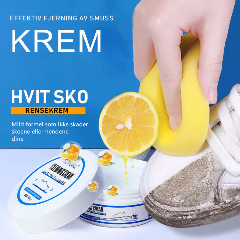 "Rengjøringskrem for hvite sko, hvit tube med blå detaljer, effektiv smussfjerning, skånsom rengjøring uten vann."