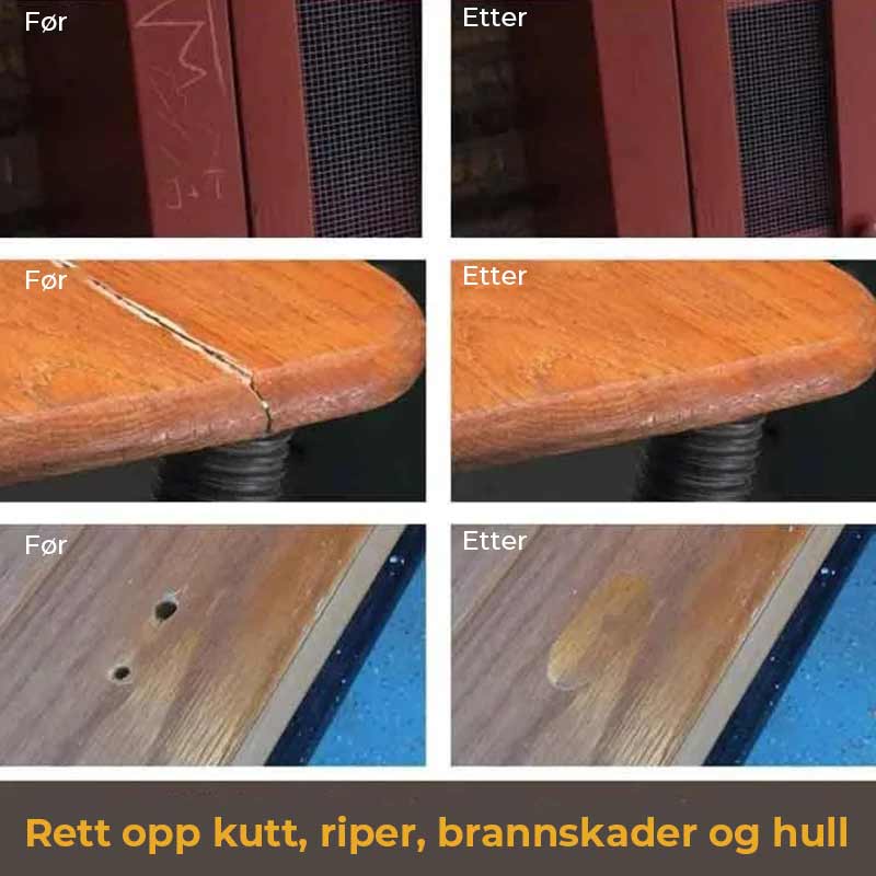 "Reparasjonssett for tregulv og møbler med voksblokker i 11 farger og varmepenn for enkel fargejustering."