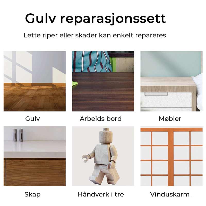 "Reparasjonssett for tregulv og møbler med voksblokker i 11 farger og varmepenn for enkel fargejustering."