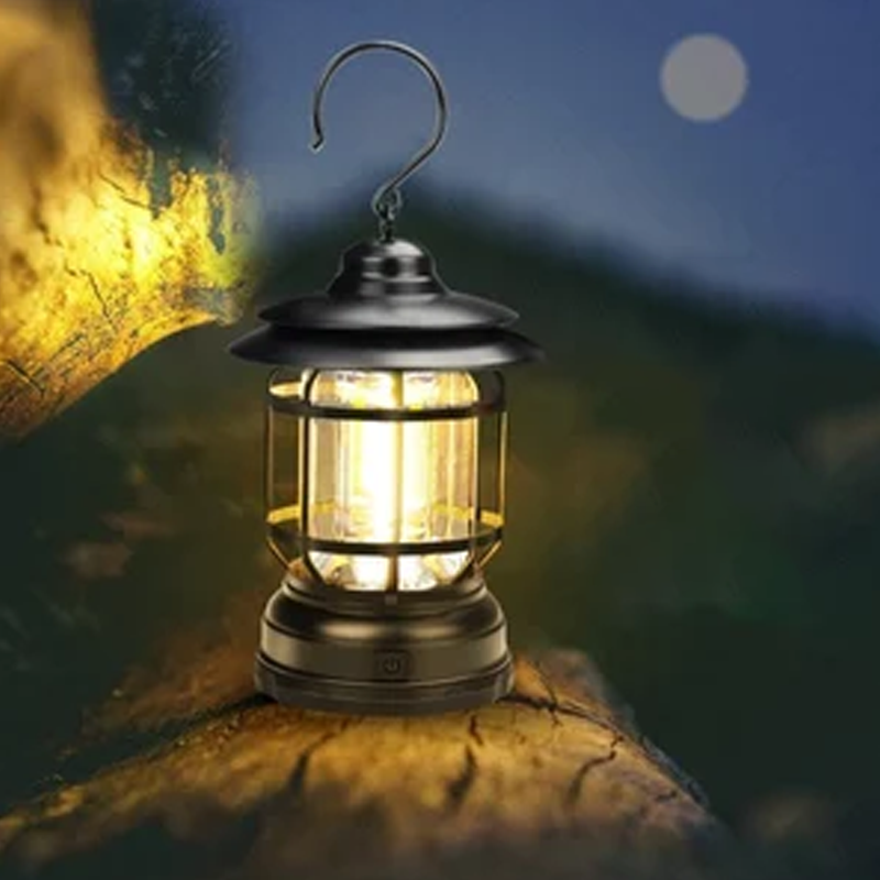 "Retro campinglampe med LED-lys, USB-lading, metallkonstruksjon og vintage design for stilfulle ute- eller innendørsopplevels