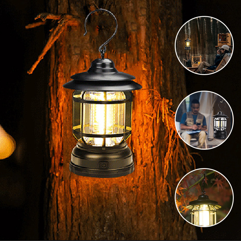 "Retro campinglampe med LED-lys, USB-lading, metallkonstruksjon og vintage design for stilfulle ute- eller innendørsopplevels