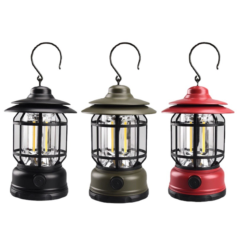 "Retro campinglampe med LED-lys, USB-lading, metallkonstruksjon og vintage design for stilfulle ute- eller innendørsopplevels