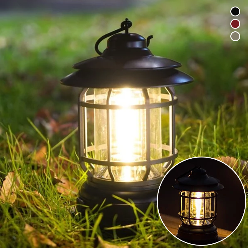 "Retro campinglampe med LED-lys, USB-lading, metallkonstruksjon og vintage design for stilfulle ute- eller innendørsopplevels