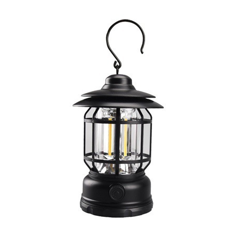 "Retro campinglampe med LED-lys, USB-lading, metallkonstruksjon og vintage design for stilfulle ute- eller innendørsopplevels