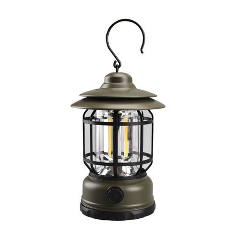"Retro campinglampe med LED-lys, USB-lading, metallkonstruksjon og vintage design for stilfulle ute- eller innendørsopplevels