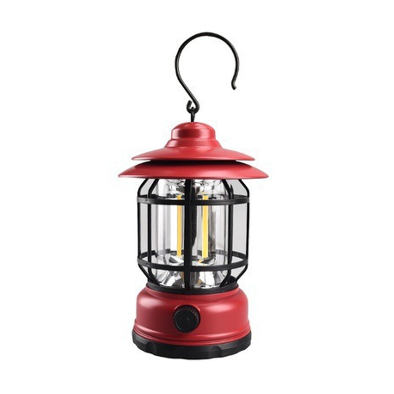 "Retro campinglampe med LED-lys, USB-lading, metallkonstruksjon og vintage design for stilfulle ute- eller innendørsopplevels