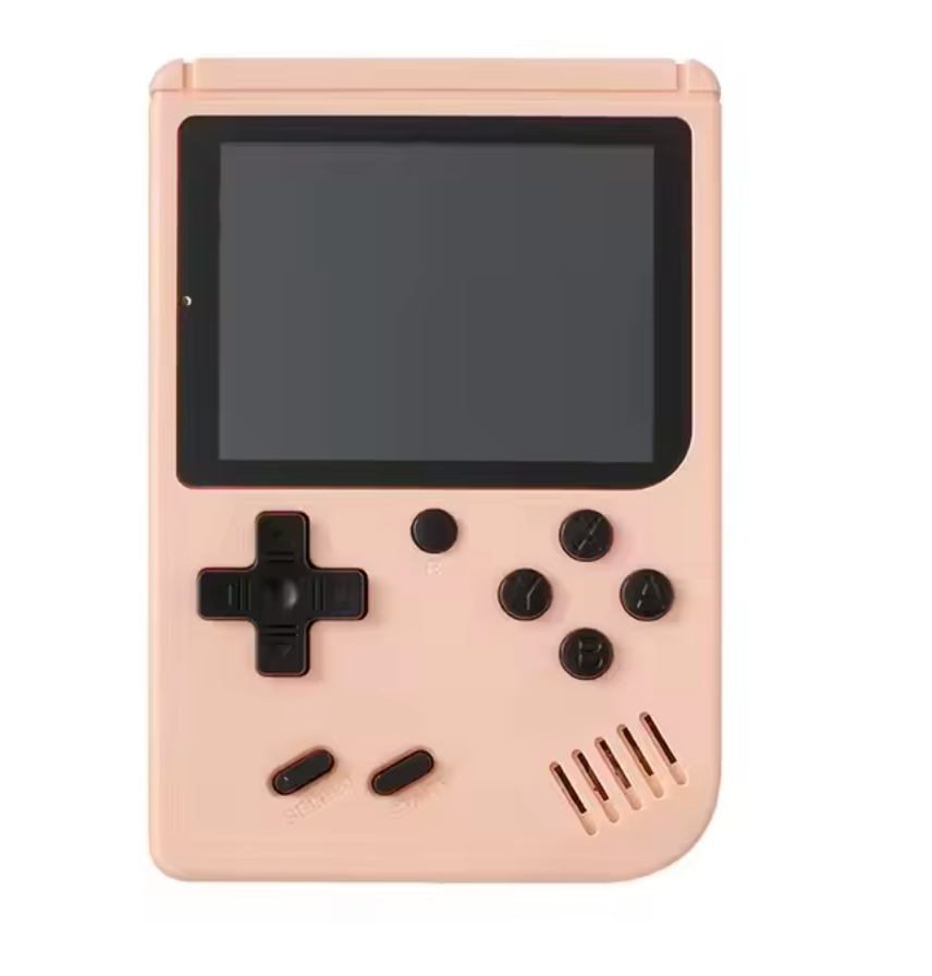 Retro Pocketboy spillkonsoll i lommeformat med 500 klassiske spill. Kompakt design, blått og hvitt skall, bærbar.
