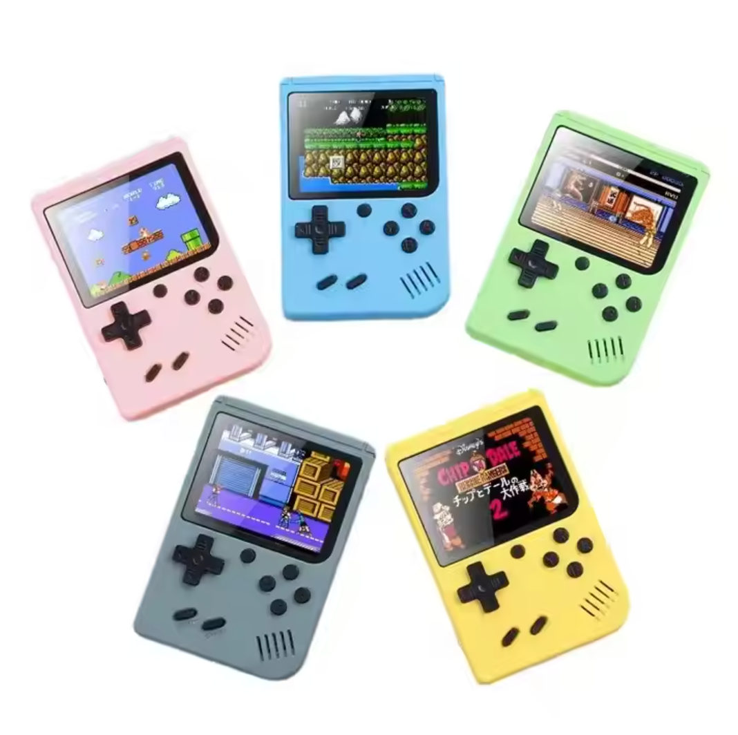 Retro Pocketboy spillkonsoll i lommeformat med 500 klassiske spill. Kompakt design, blått og hvitt skall, bærbar.