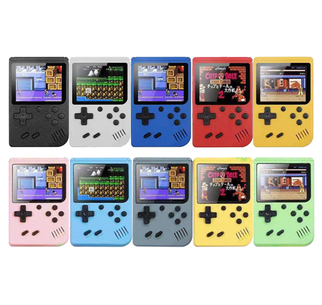 Retro Pocketboy spillkonsoll i lommeformat med 500 klassiske spill. Kompakt design, blått og hvitt skall, bærbar.