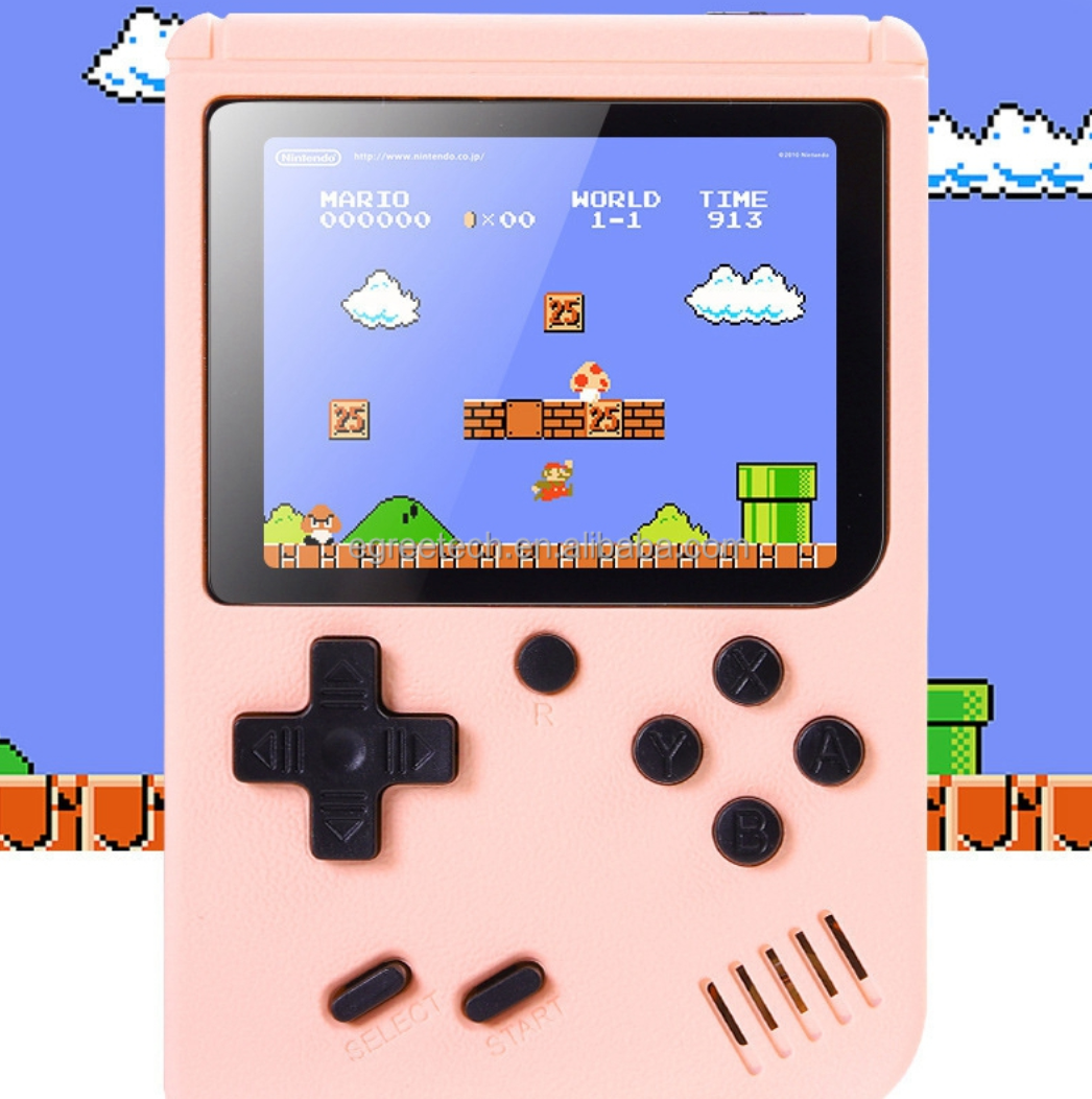 Retro Pocketboy spillkonsoll i lommeformat med 500 klassiske spill. Kompakt design, blått og hvitt skall, bærbar.