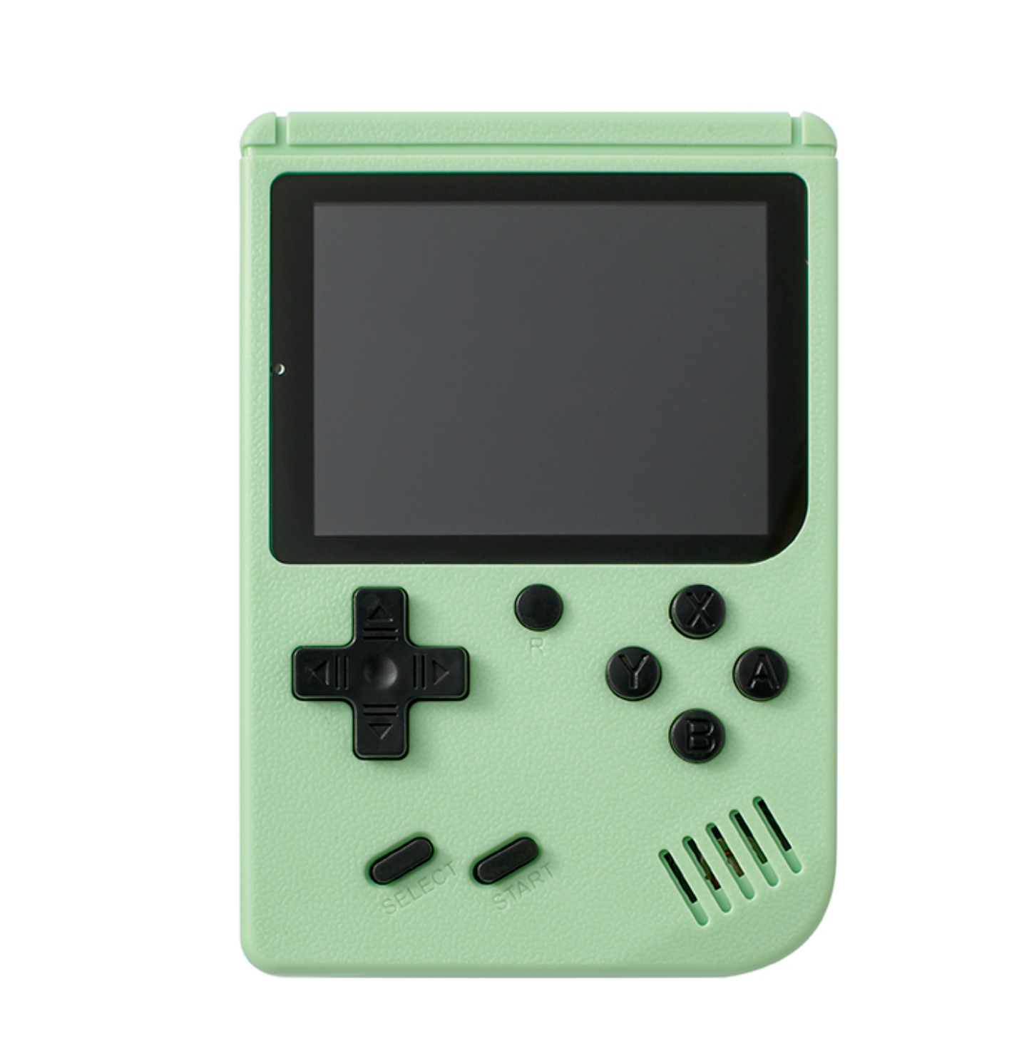 Retro Pocketboy spillkonsoll i lommeformat med 500 klassiske spill. Kompakt design, blått og hvitt skall, bærbar.