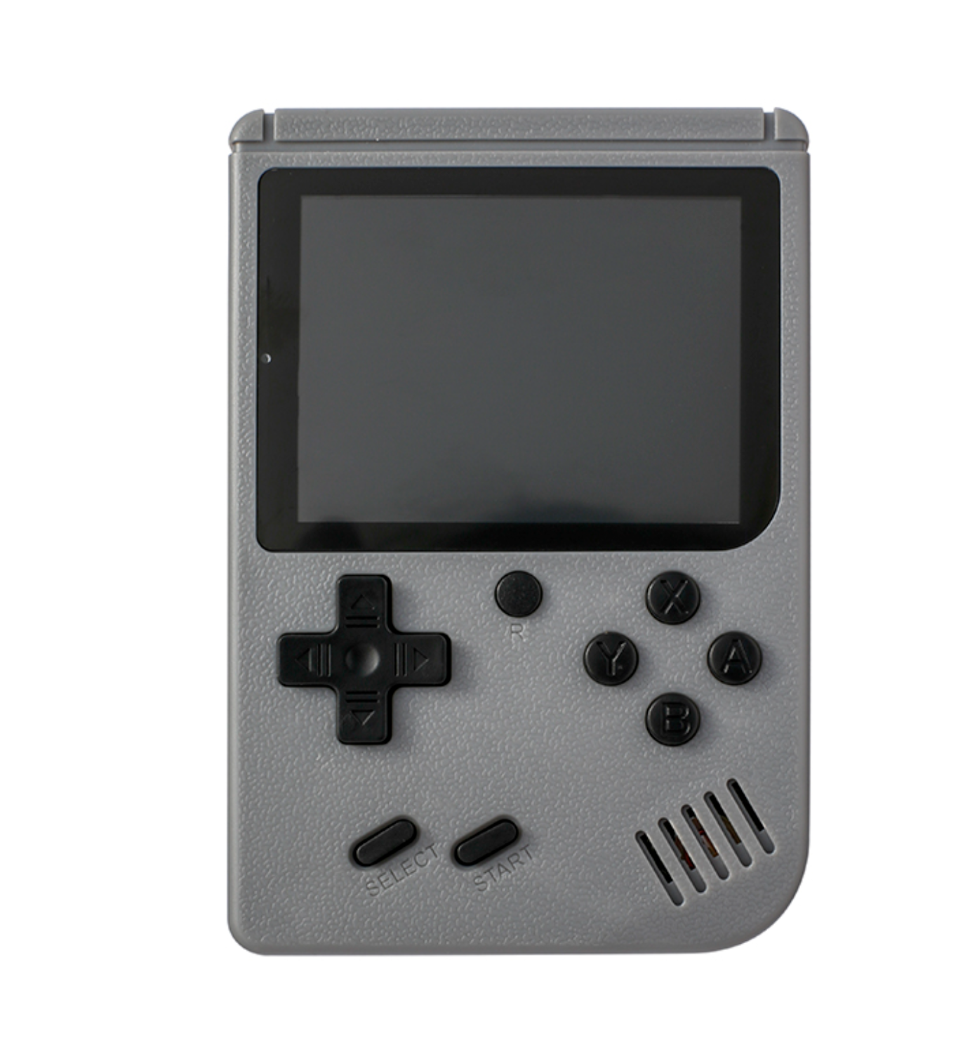 Retro Pocketboy spillkonsoll i lommeformat med 500 klassiske spill. Kompakt design, blått og hvitt skall, bærbar.