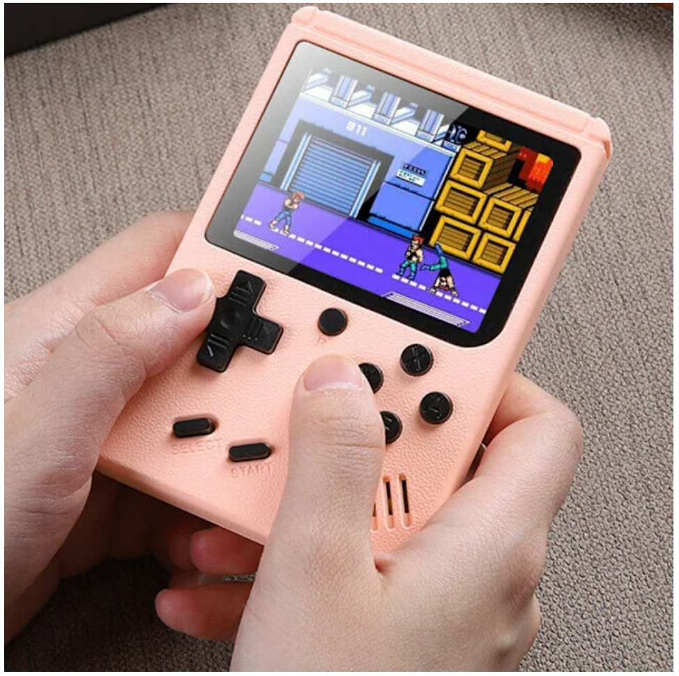 Retro Pocketboy spillkonsoll i lommeformat med 500 klassiske spill. Kompakt design, blått og hvitt skall, bærbar.