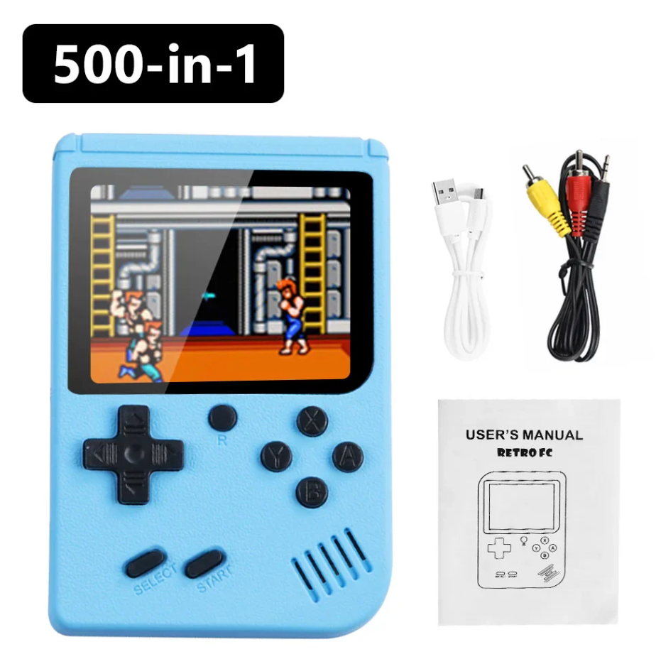 Retro Pocketboy spillkonsoll i lommeformat med 500 klassiske spill. Kompakt design, blått og hvitt skall, bærbar.