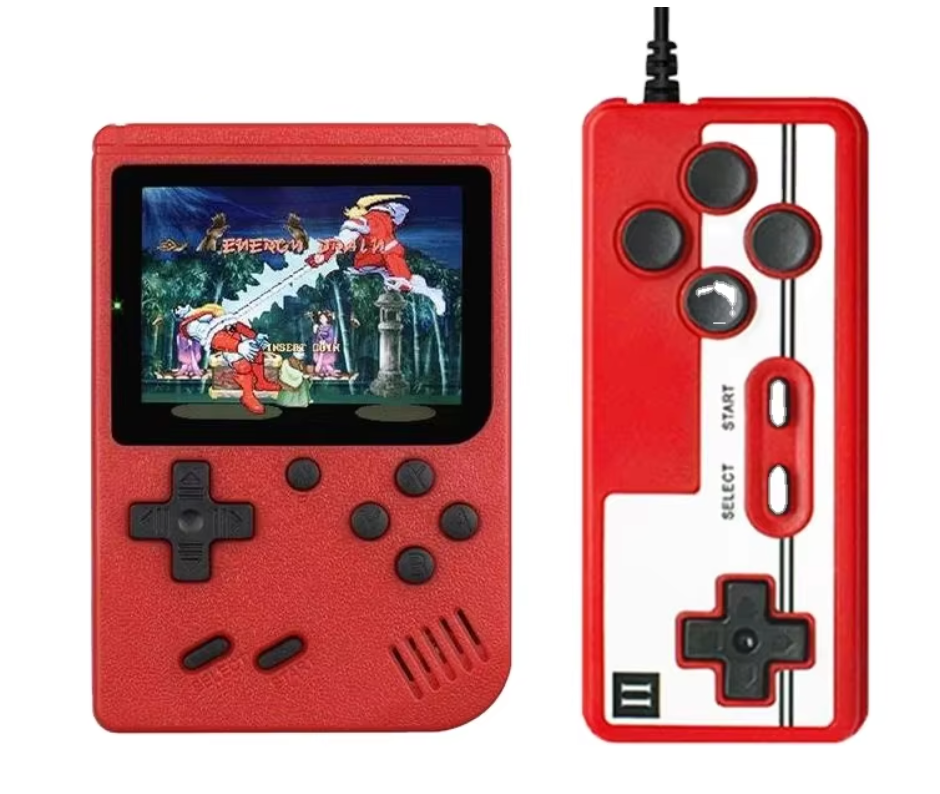 Retro Pocketboy spillkonsoll i lommeformat med 500 klassiske spill. Kompakt design, blått og hvitt skall, bærbar.