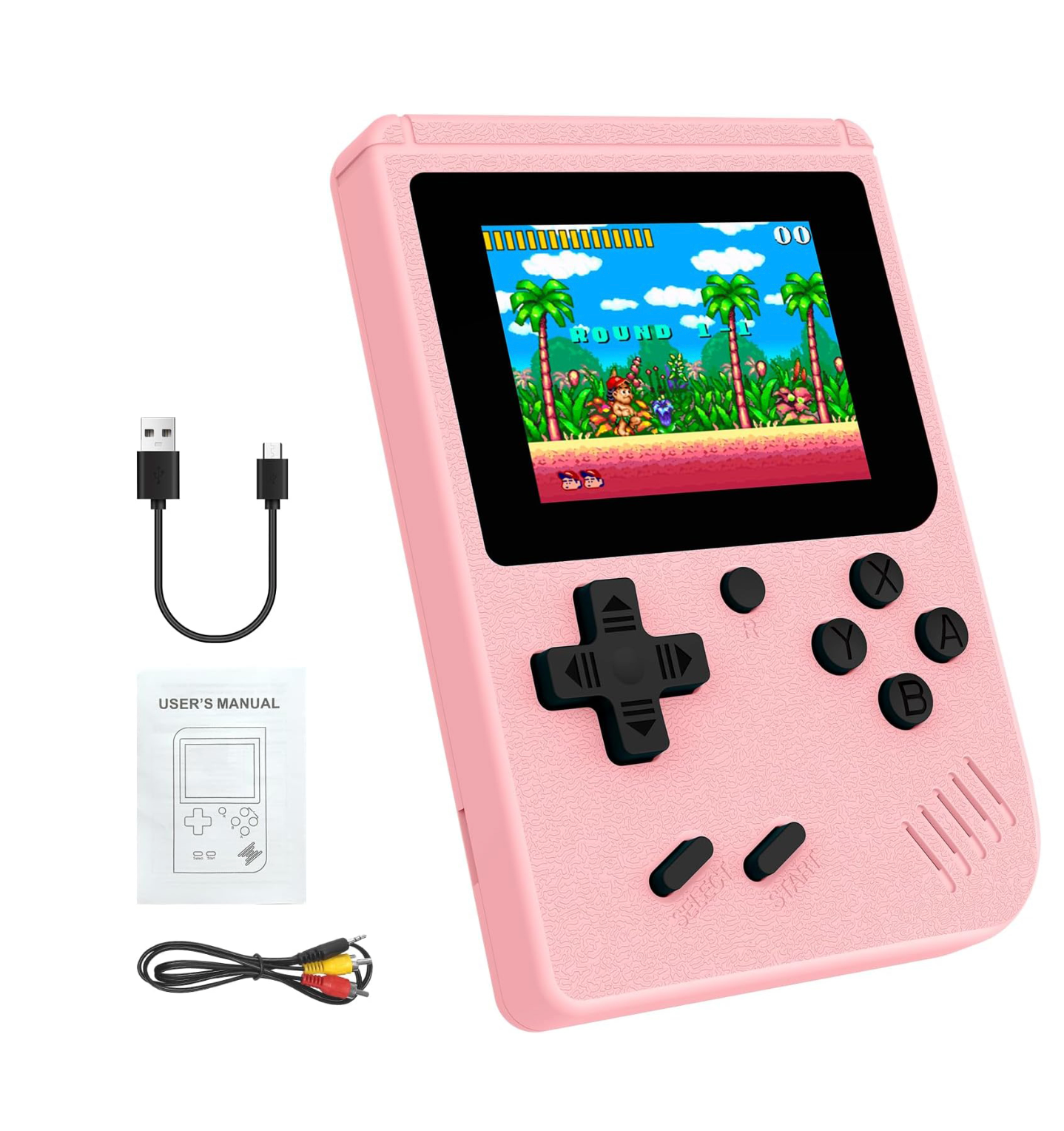 Retro Pocketboy spillkonsoll i lommeformat med 500 klassiske spill. Kompakt design, blått og hvitt skall, bærbar.