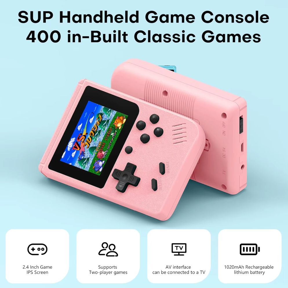 Retro Pocketboy spillkonsoll i lommeformat med 500 klassiske spill. Kompakt design, blått og hvitt skall, bærbar.